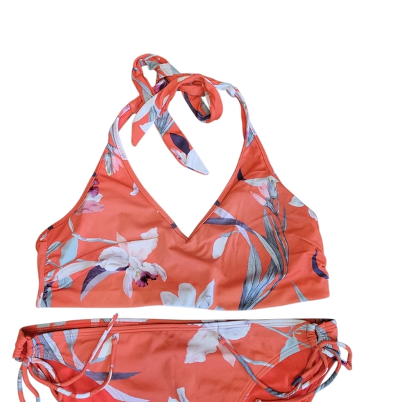 Athleta Floral Halter Bikini Set M Top L Bottom Coral Tropical Swim - Picture 9 of 13